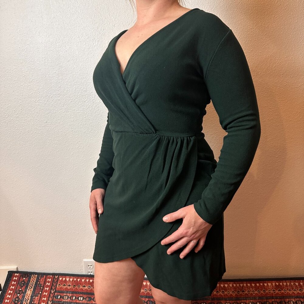 Loft Dark Green Long Sleeve Wrap Short Dress V Neck Holiday Party Cocktail Small